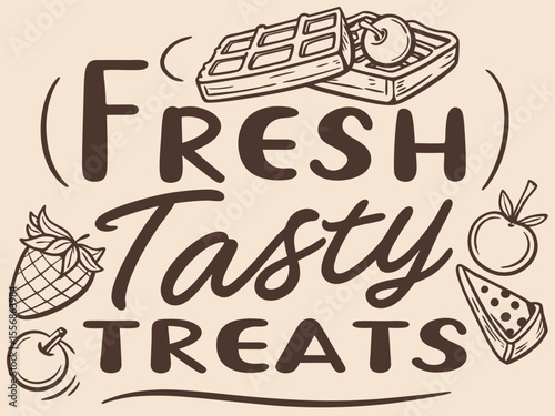 Fresh tasty treats vector illustration featuring waffles strawberries apple pie slice and cherry decoration on cream background
