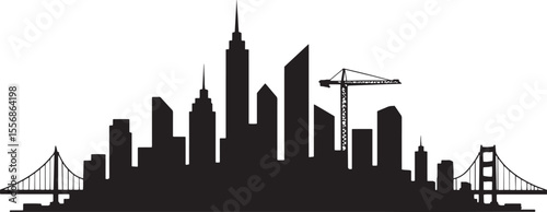 "Modern City Skyline Silhouette Vector with Buildings, Cranes, and Bridges – HD Minimal Urban Design Isolated on White"