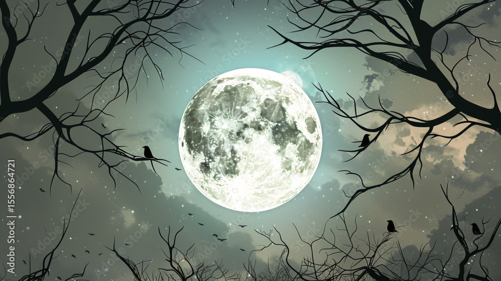Naklejka premium Bright moon amidst dark branches and birds night trees