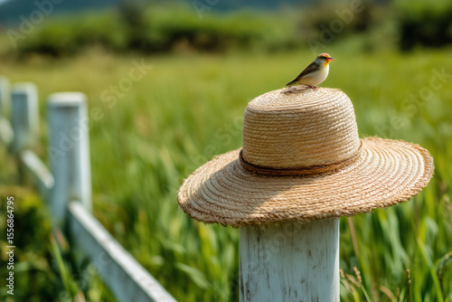 Rustic Summer Scene with Straw Hat and Bird Perched on White Fence Post