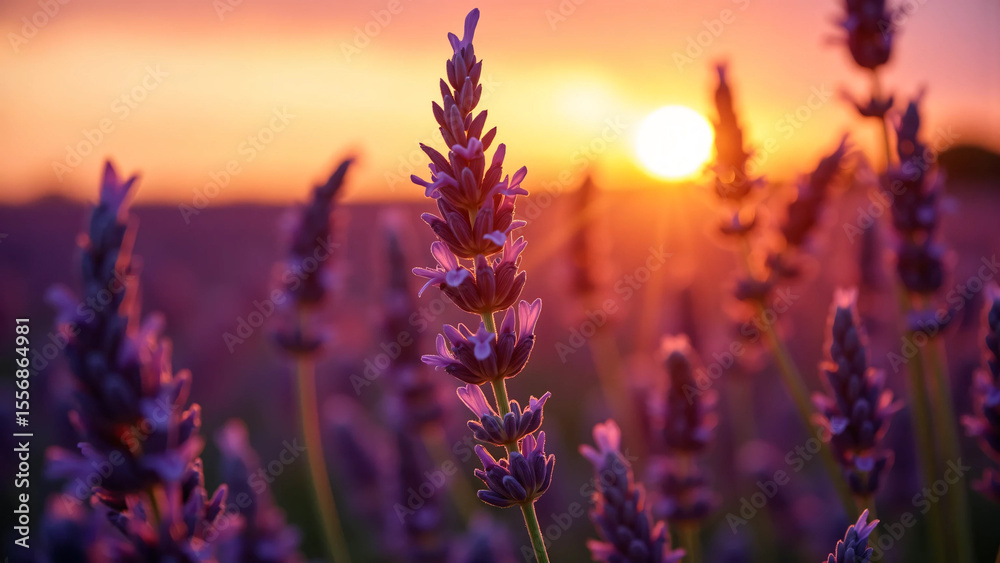 Obraz premium Lavender flowers glowing under golden hour light with soft background blur, deep purple tones, and cinematic shadows for wellness, fragrance, and floral brand campaigns.