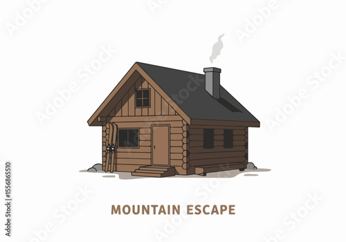 Rustic illustrated mountain log cabin with skis and smoke from chimney on white background.