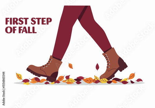 First Step of Fall: Illustration of Legs in Boots Walking Through Colorful Autumn Leaves