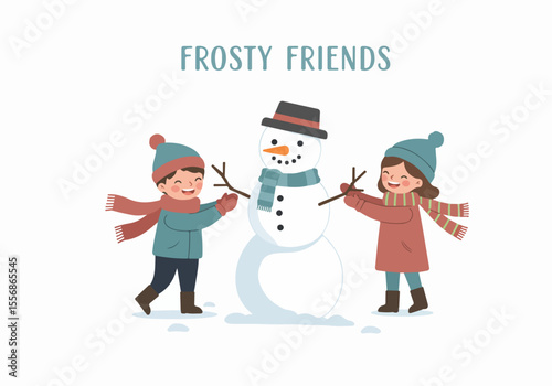Happy children dressed in winter clothes build a snowman together, representing fun outdoor winter activities and festive holiday season joy.