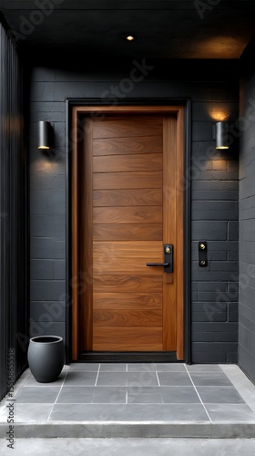 A sleek wooden door with a matching light fixture on a dark wall in a minimalistic setting