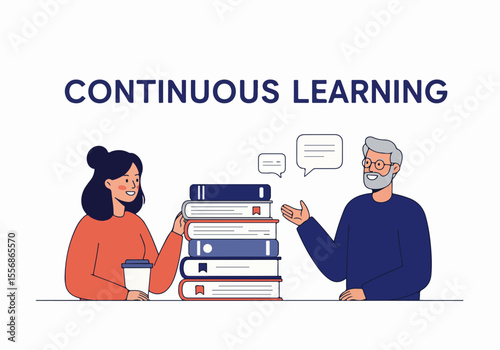 Two people discussing a stack of books, representing continuous learning, knowledge sharing, and mentorship in education and skill development.
