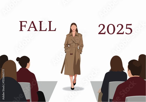 Illustration of a model walking down the runway at a Fall 2025 fashion show, presenting the new collection to the audience.