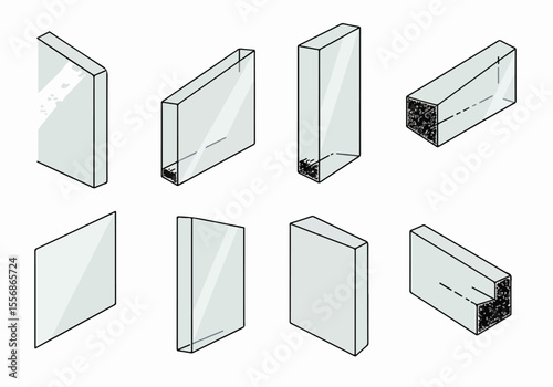 Isometric illustrations of various architectural glass blocks and profiles, including insulated types, depicting building and construction materials.