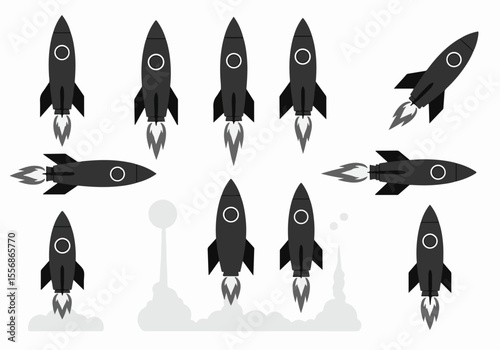 Set of Black Rockets Launching and Flying in Various Positions, Simple Vector Illustration