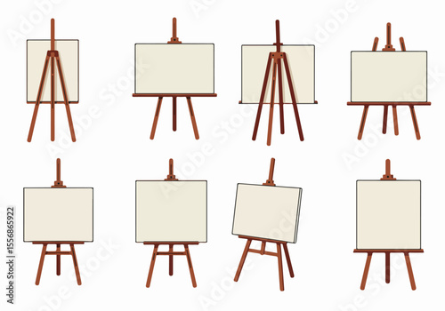 Collection of simple flat design illustrations featuring wooden easels with blank canvases shown from various angles and orientations.