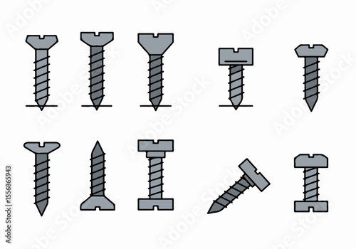 Illustration Set of Various Metal Screws with Different Heads and Threads Isolated on White