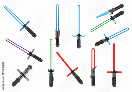 Collection of colorful cartoon lightsabers in various orientations on white background