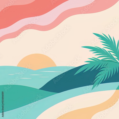Minimal Abstract Summer Beach Sunset with Palm Tree