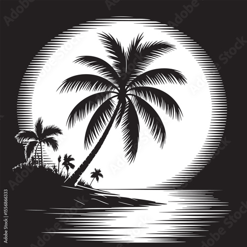 Black and White Tropical Palm Tree with Full Moon Silhouette