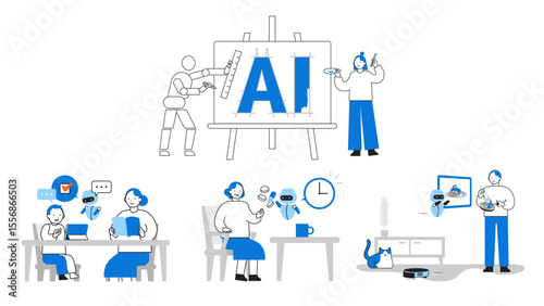 Concept: Illustrating how diverse people integrate AI into daily routines with trust and ease. A collection of cartoon character heads of People interacting with AI in everyday life situations. 