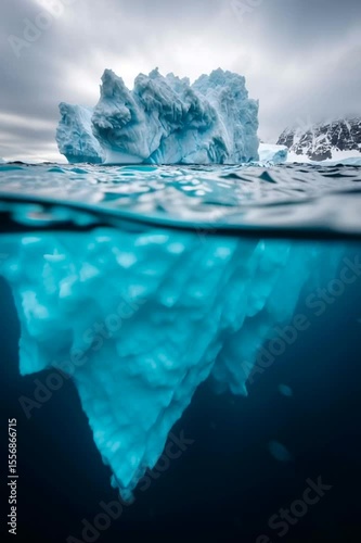 Under and over water view of an iceberg in the Antarctic