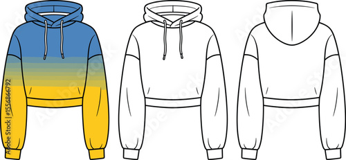 Women's cropped hoodie fashion flat technical drawing, front and back view, with color gradient option, modern casual sportswear apparel vector illustration.