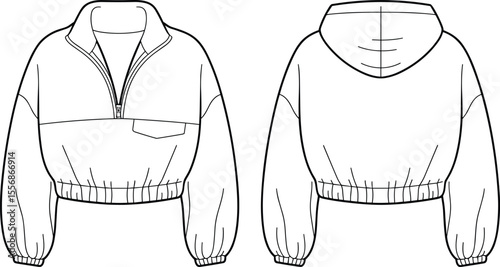 Women's cropped half-zip hoodie fashion flat technical drawing, front and back view, long sleeves, casual sportswear apparel design vector illustration.