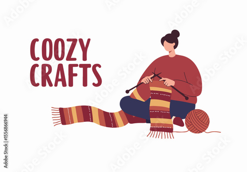 Illustration of a person sitting and knitting a cozy scarf, representing handmade crafts and relaxing hobbies.