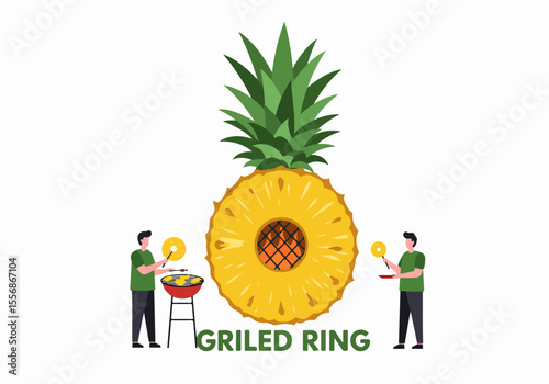 Flat illustration of people grilling pineapple slices on a BBQ grill below a giant grilled pineapple ring.