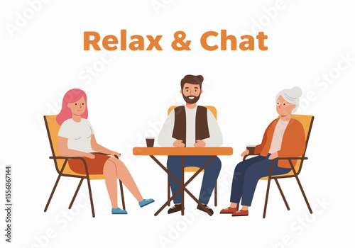 Illustration of diverse people relaxing and chatting together at a table with drinks, enjoying conversation and leisure time.