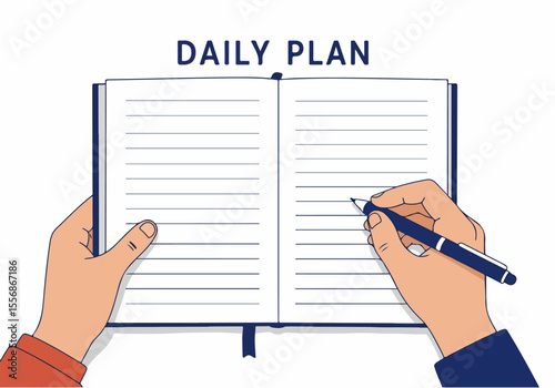 Illustration of hands holding an open daily planner notebook and writing with a pen, representing scheduling and task management.