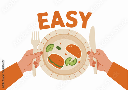 Simple flat illustration of hands holding cutlery over a plate with burger and fruit, emphasizing the concept of easy cooking or meal preparation with the word EASY above.