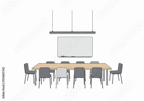 Illustration of an empty meeting room with a large conference table, chairs, whiteboard, and modern overhead lighting on a white background.