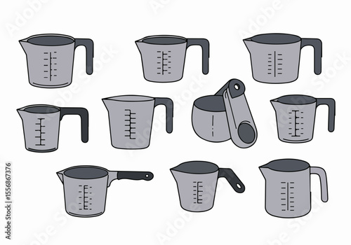 Illustrated collection of various measuring cups and a sieve, simple kitchen utensils drawing for cooking and baking.