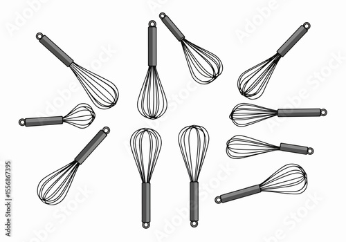 Group of multiple kitchen whisks illustration isolated on white background, ideal for baking and cooking concepts and patterns