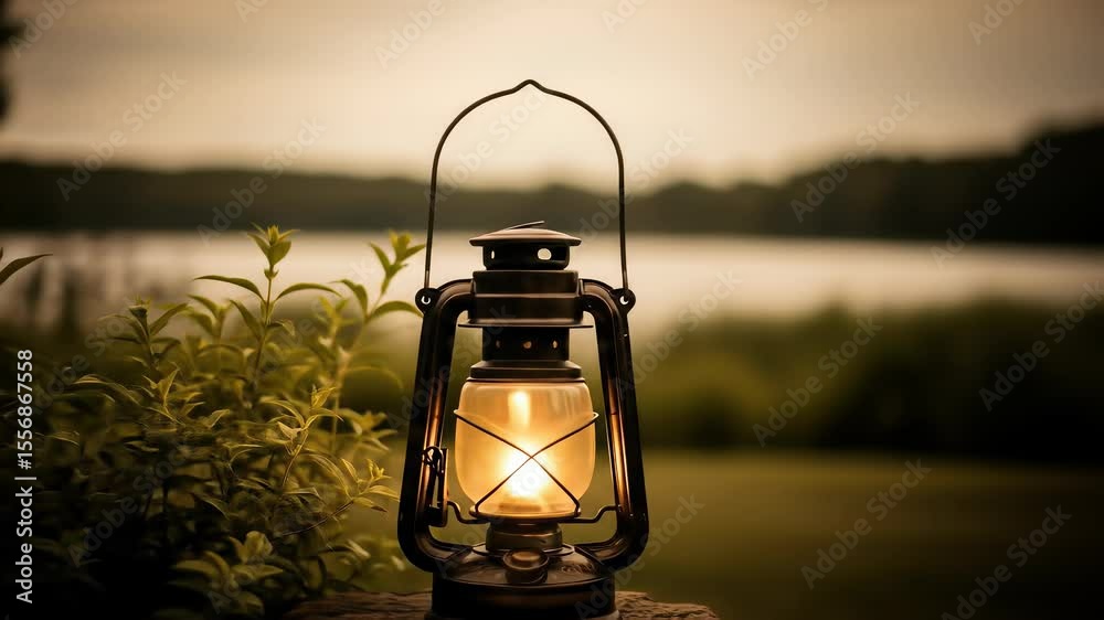 Vintage Black Oil Lantern with Glowing Light on Wooden Surface and Lake Background with Green Grass during Sunset or Sunrise Warm Light