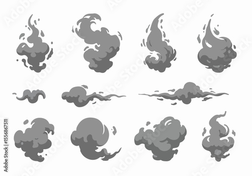 Stylized grey smoke and steam effects set isolated on white, cartoon vector illustration for graphic design, animation, and games.
