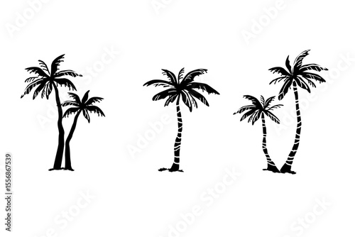 Palm tree silhouette illustration set, Vector hand drawn design element.