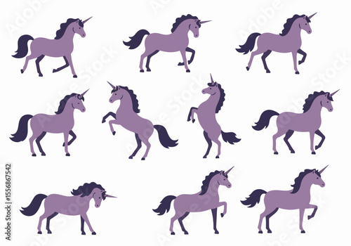 Purple Unicorns in Various Poses Collection, Mythical Fantasy Creatures on White Background