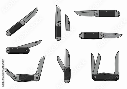 Set of cartoon illustrations depicting folding pocket knives in various open and closed positions against a white background.