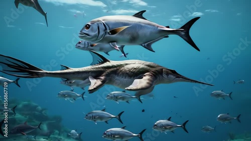 Ichthyosaur swims amid a school of smaller fish in clear blue ocean water