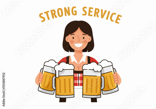 Cartoon illustration of a smiling woman in traditional German dress (dirndl) holding four large beer steins under the text "STRONG SERVICE", representing efficient beer service.