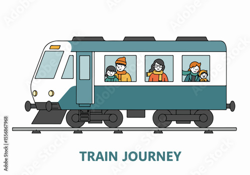 Family and friends smiling and enjoying a train journey, illustrated in a simple cartoon flat vector style