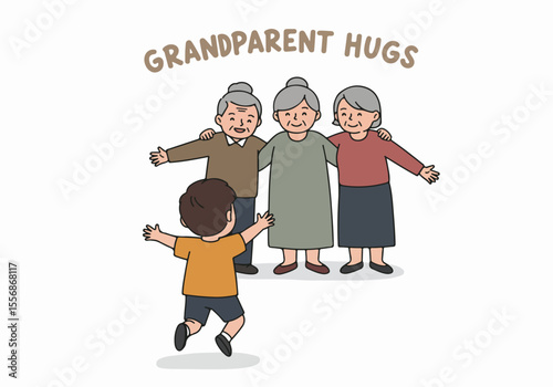 Illustration of a happy boy running towards his smiling grandparents for warm hugs, depicting family love and intergenerational joy on a white background.