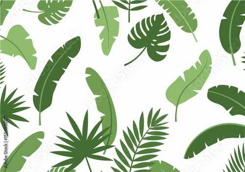 Seamless pattern with flat green tropical leaves including palm, monstera, and banana leaf on a white background, vector illustration.