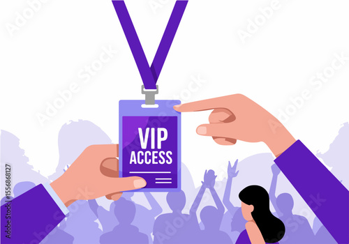 Hand holding a VIP access pass while another hand points to it in front of a silhouetted crowd at an event, concert, or club.