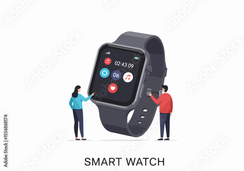 Technology concept with tiny people and a large smartwatch displaying apps.
