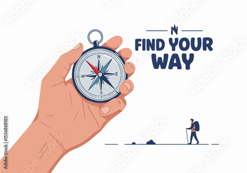 Hand holding a compass pointing the way, with a hiker silhouette in the background and text 'Find Your Way', symbolizing guidance, navigation, and finding direction on life's journey or exploration.