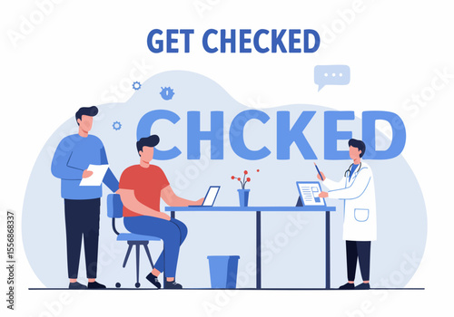 Medical checkup illustration with doctor consulting patient and large 'GET CHECKED' text promoting health screening and preventative care.