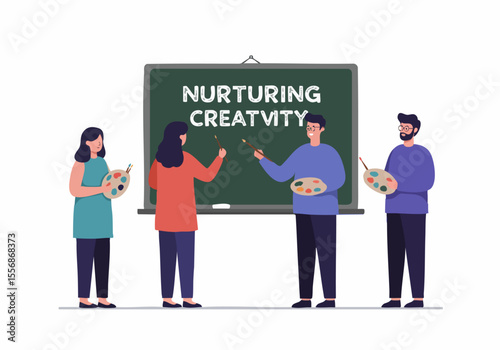 Nurturing creativity in art class, diverse group with paint palettes and brushes, blackboard illustration