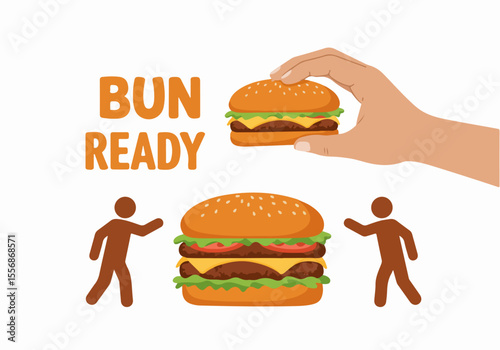 Bun Ready: Hand Holding Burger, Figures Look at Large Double Cheeseburger