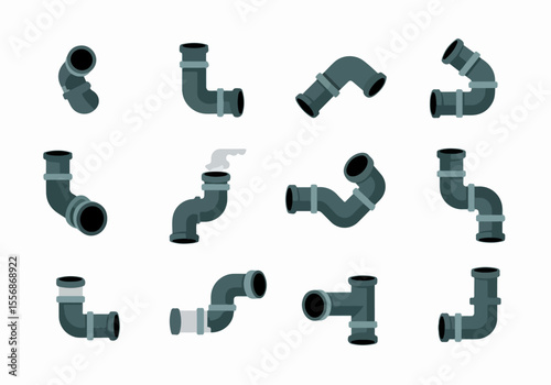 Set of various grey pipe fittings and sections in a flat design illustration style.