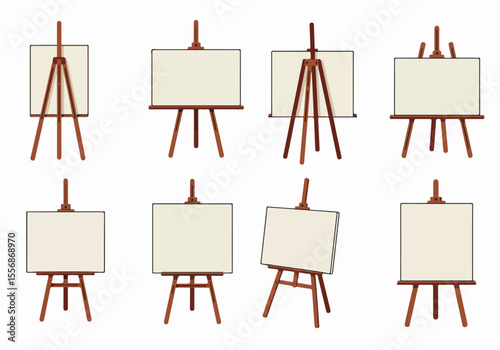 Set of illustrations of art easels with blank canvases in various orientations, perfect for creative, art, or studio-related designs.