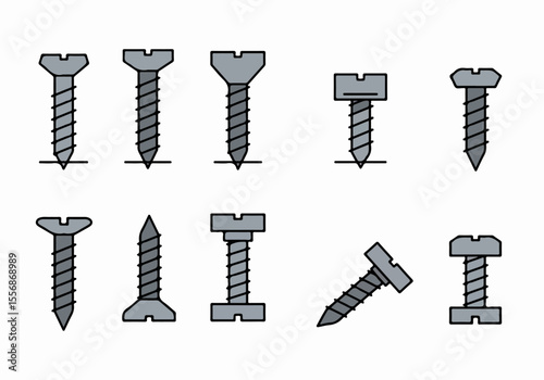 Collection of various screw types in a simple vector graphic illustration style isolated on a white background.