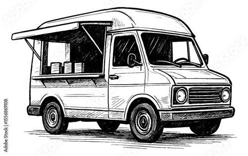 Detailed Hand Drawn Food Truck Isolated on White Background Black and White Illustration